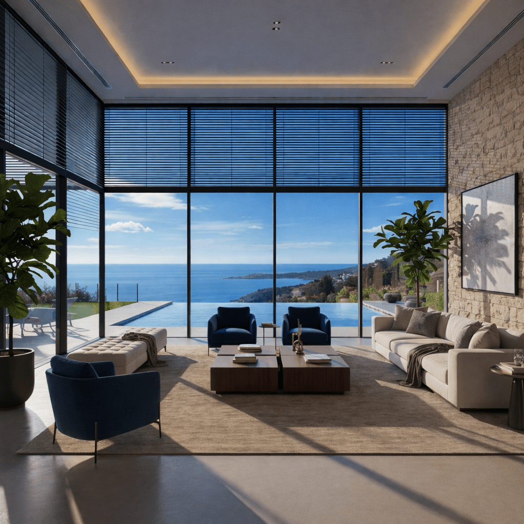 Living space of a luxury apartment with a ocean view in the middle of the day