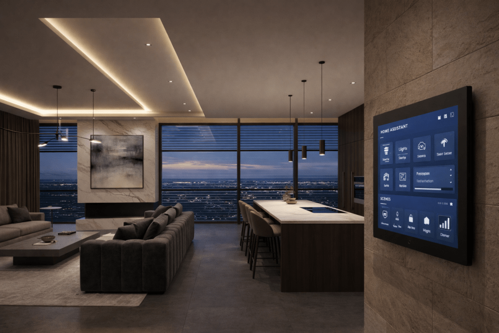 Luxury apartment in the evening with a touchpanel for smart functions