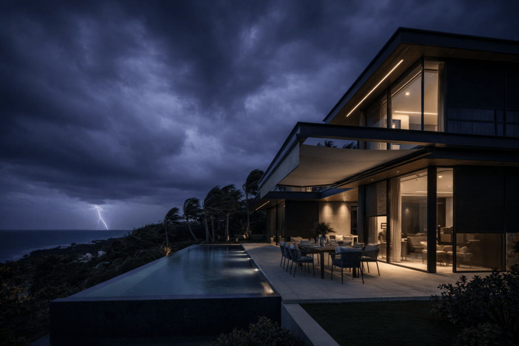 Thunder storm starting outside of a luxury house at seaside.